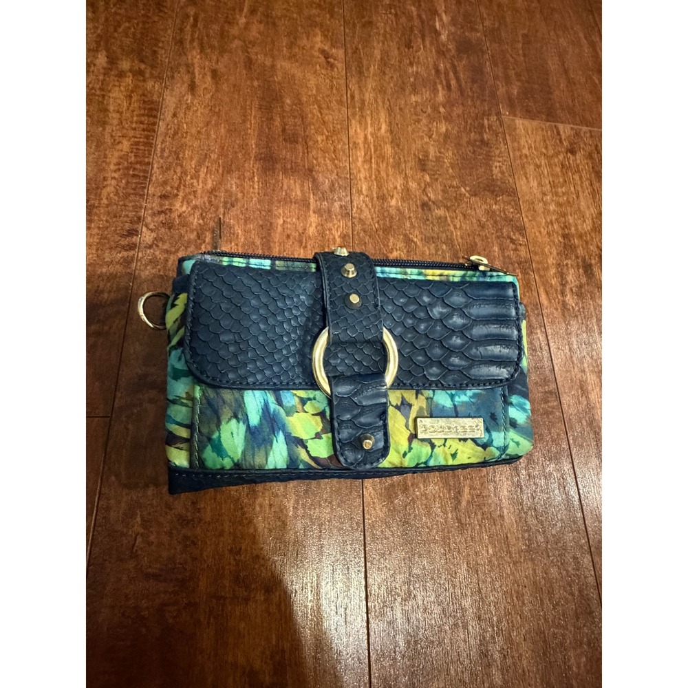 Pouchee Women Blue Green Floral Faux Snakeskin Organizer Wallet Clutch